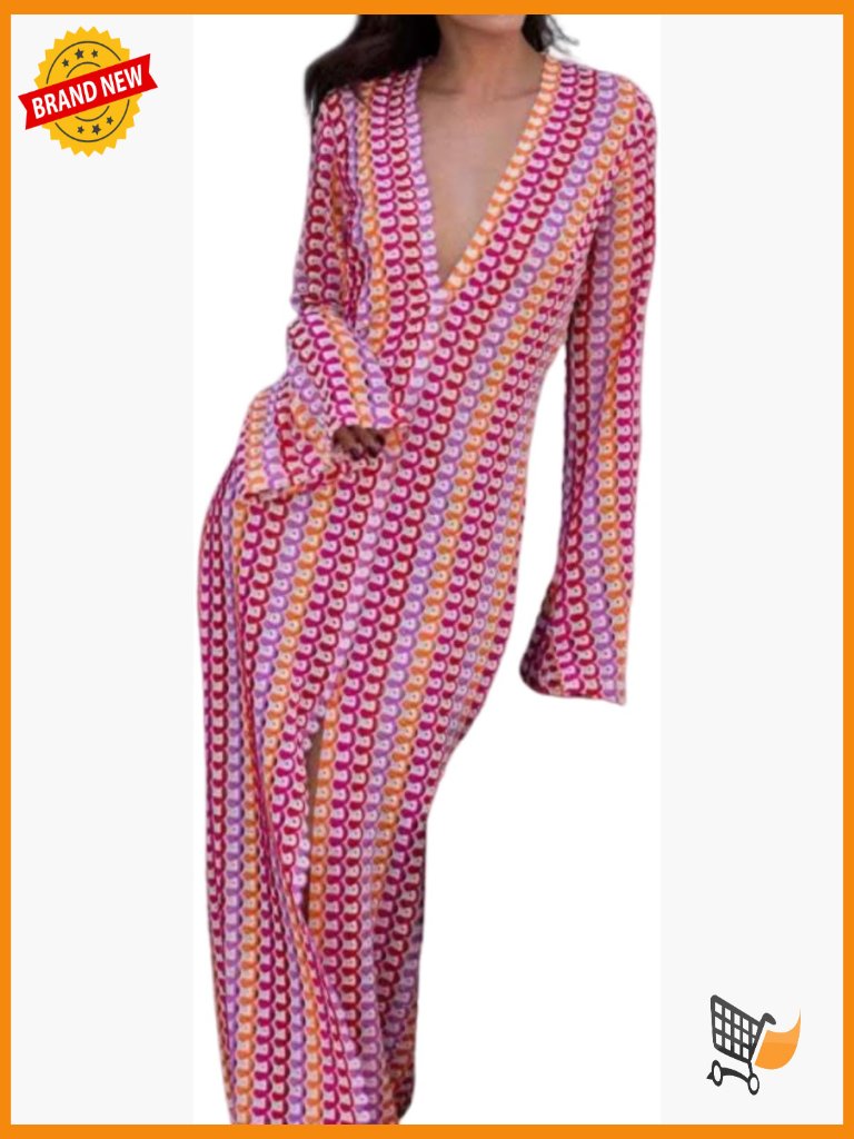 Crochet Bell Sleeve Maxi Dress V-Neck Loose Boho Sundress With Slit